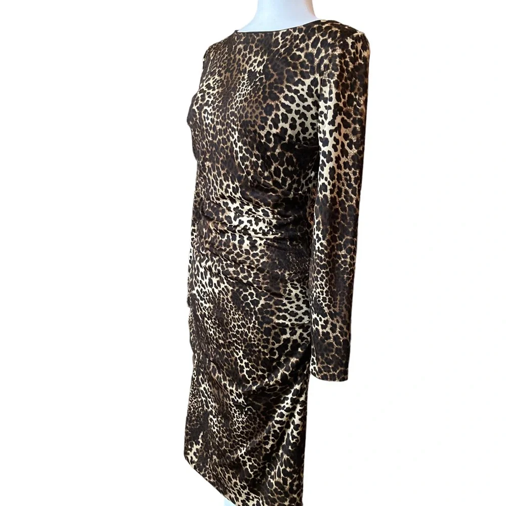 Carmen Marc Valvo leopard print long sleeve jersey knit bodycon midi dress, Sz M - Picture 2 of 16